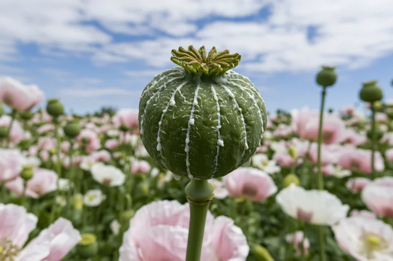 Close-up of a green poppy seed pod with white latex resin droplets in a field of pink and white poppies under a blue sky with clouds