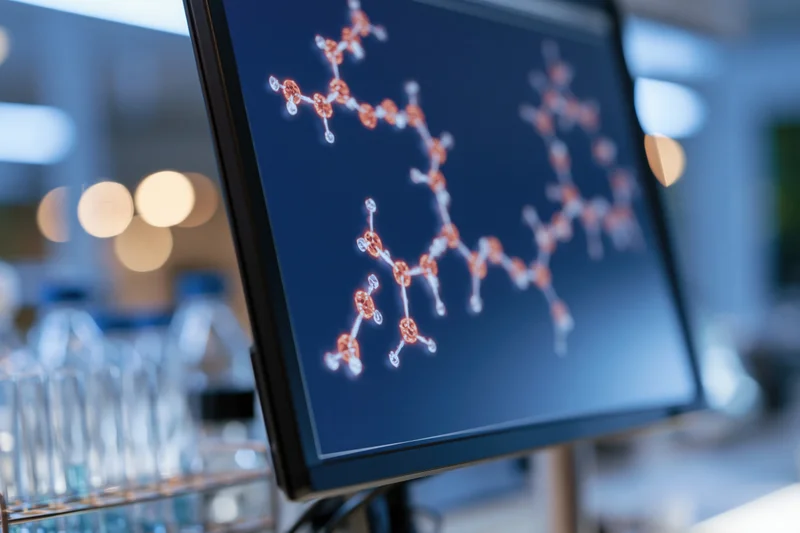 Computer monitor displaying glowing 3d molecular structure in laboratory setting