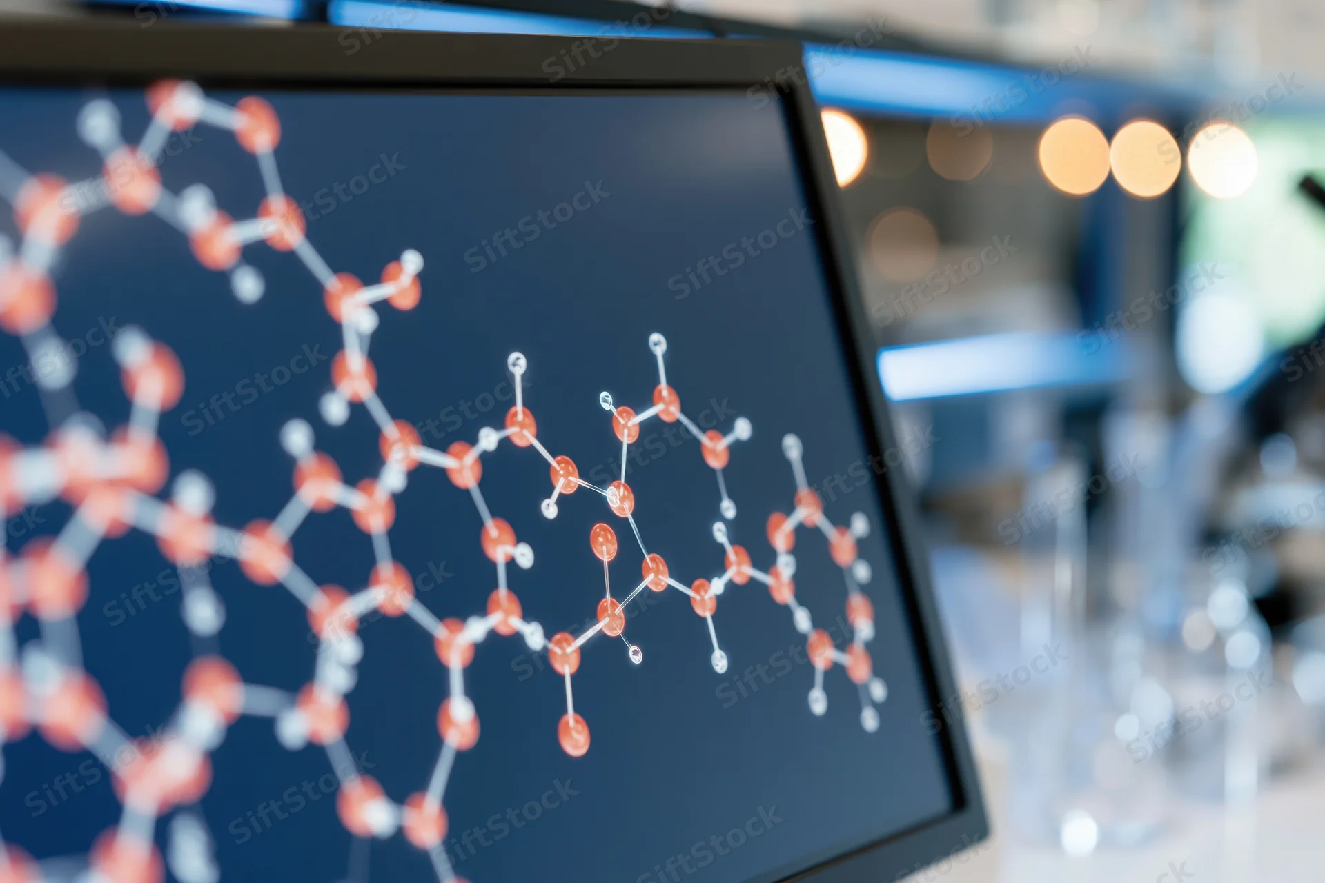 Molecular structure diagram displayed on a monitor in a laboratory setting