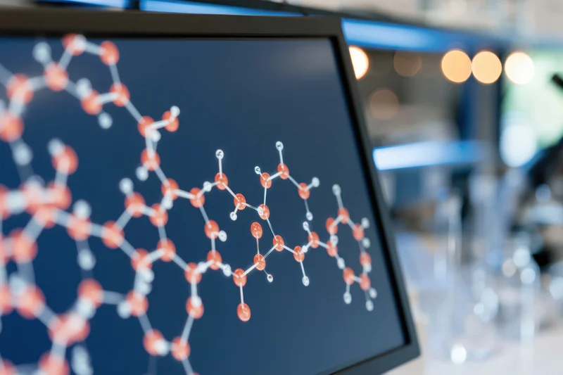 Molecular structure diagram displayed on a monitor in a laboratory setting