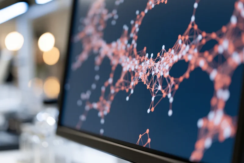 Monitor displaying glowing molecular structure diagram in a laboratory workspace