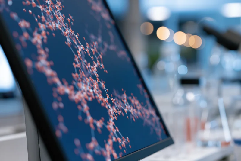Computer monitor displaying glowing molecular structure in a laboratory setting