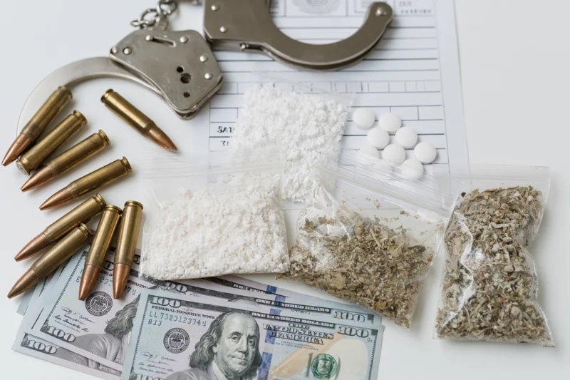 Law enforcement evidence flat lay with handcuffs, bullets, drugs, money, and documents on white surface