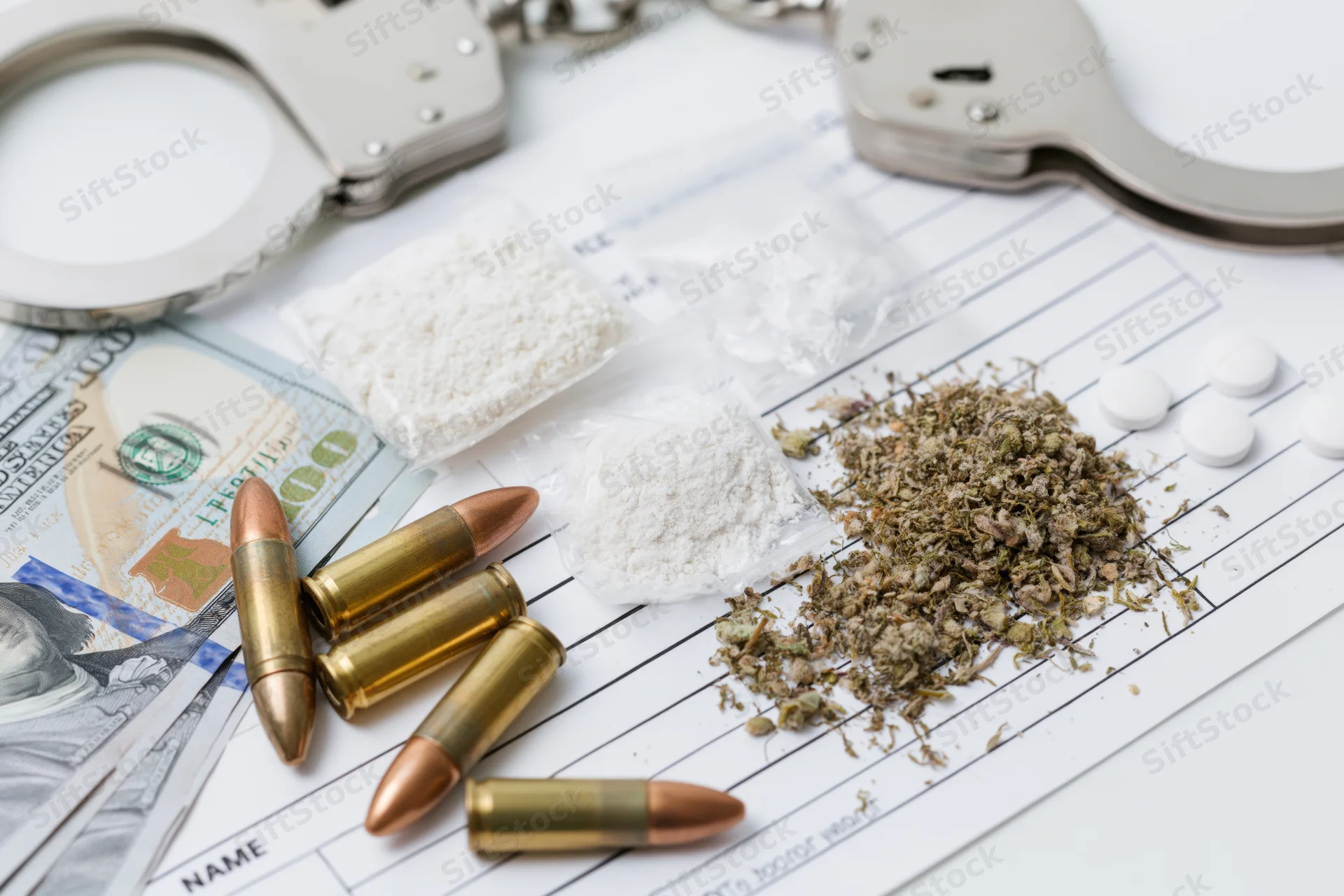 Law enforcement evidence flat lay with handcuffs, drugs, bullets and money on a document