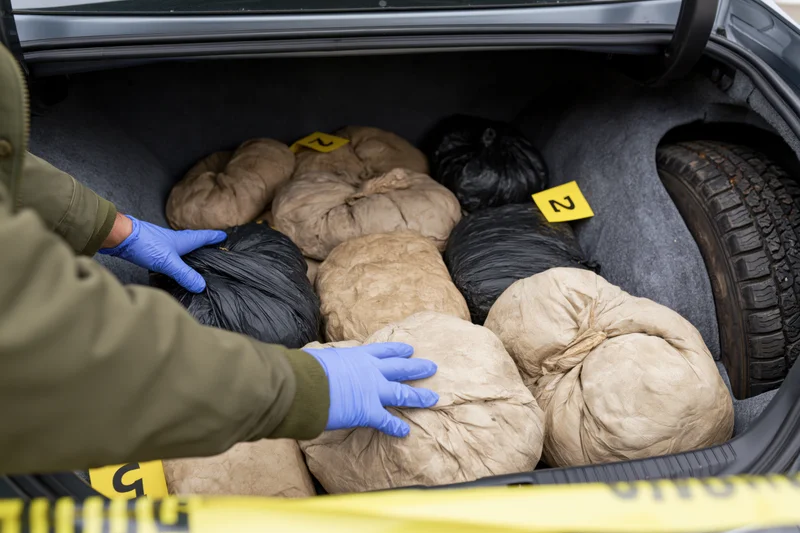 Law enforcement officer examining bagged evidence in car trunk