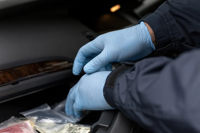 Law enforcement officer in blue nitrile gloves collecting evidence from car interior