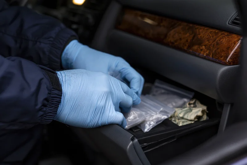 Law enforcement officer collecting evidence from car glovebox