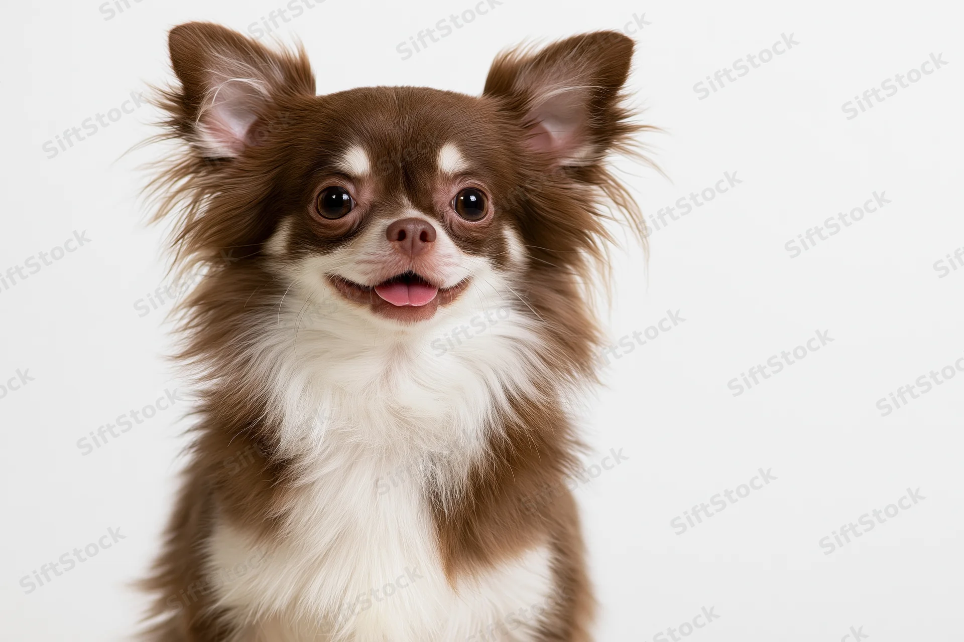 Long-haired chihuahua sitting upright facing camera with tongue out on white background
