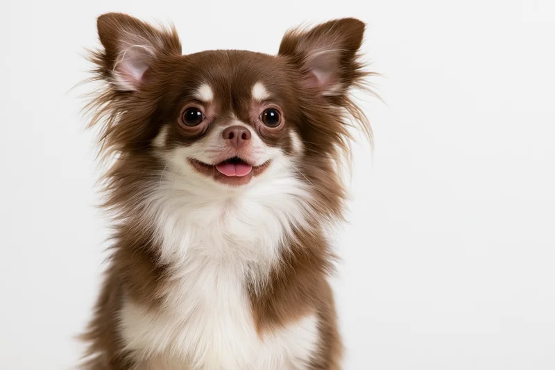 Long-haired chihuahua sitting upright facing camera with tongue out on white background