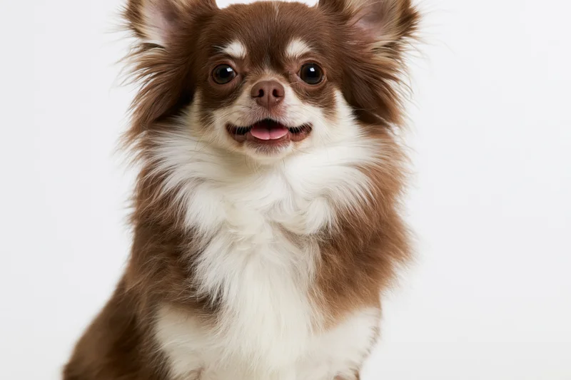 Long-haired chihuahua sitting upright facing camera with mouth open in studio portrait