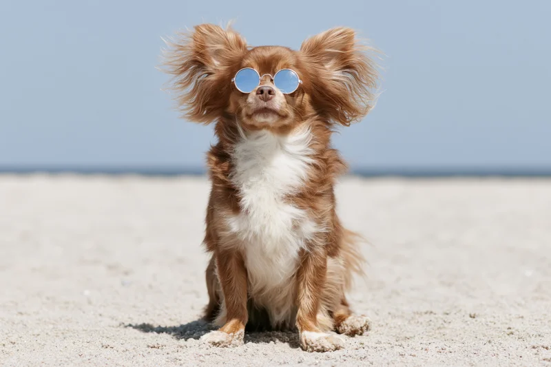 Long-haired chocolate and white chihuahua sitting upright on sandy beach wearing round reflective sunglasses with windblown ears