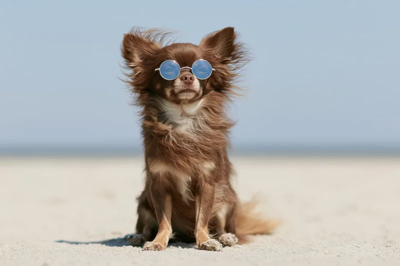 Long-haired chihuahua wearing round sunglasses sitting upright on sandy beach under clear blue sky