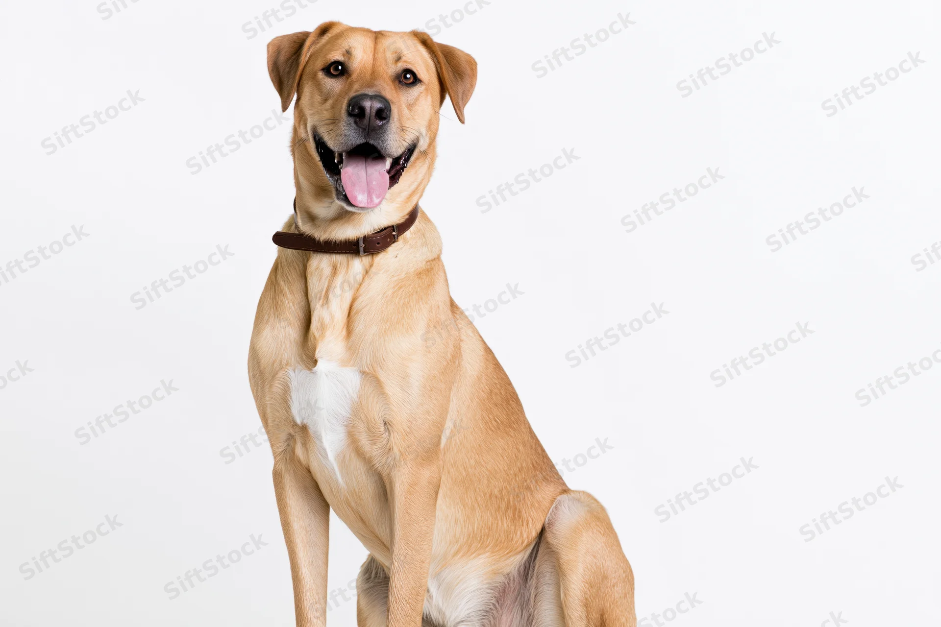 Mixed breed dog sitting upright with tongue out against white background