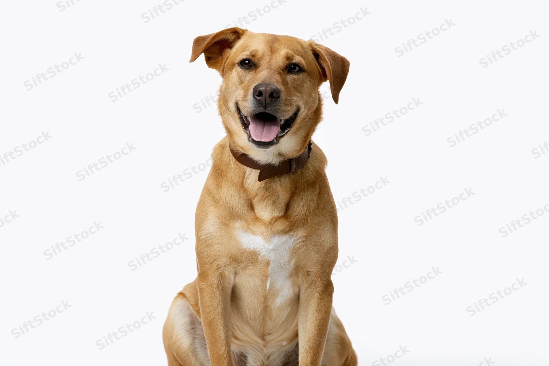Mixed breed dog sitting upright with mouth open and tongue out against white background