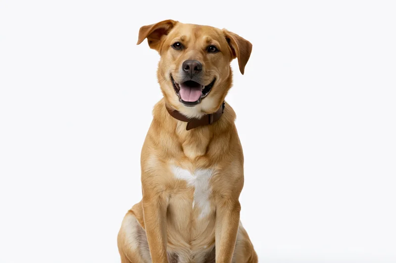 Mixed breed dog sitting upright with mouth open and tongue out against white background
