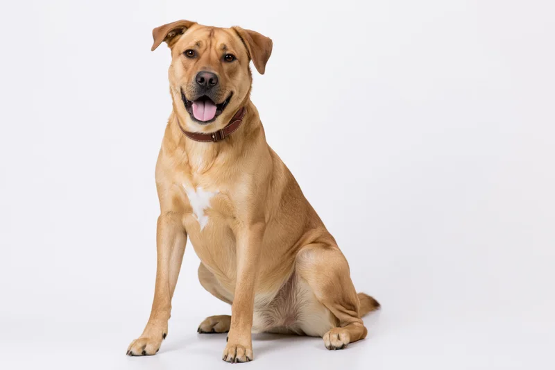 Mixed breed dog sitting upright with mouth open and tongue out in studio portrait