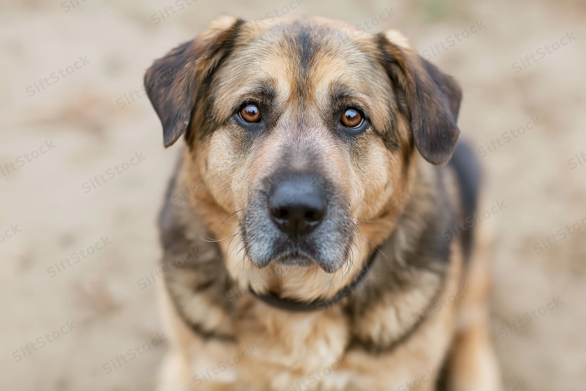 Mixedbreed dog looking directly at camera on sandy ground