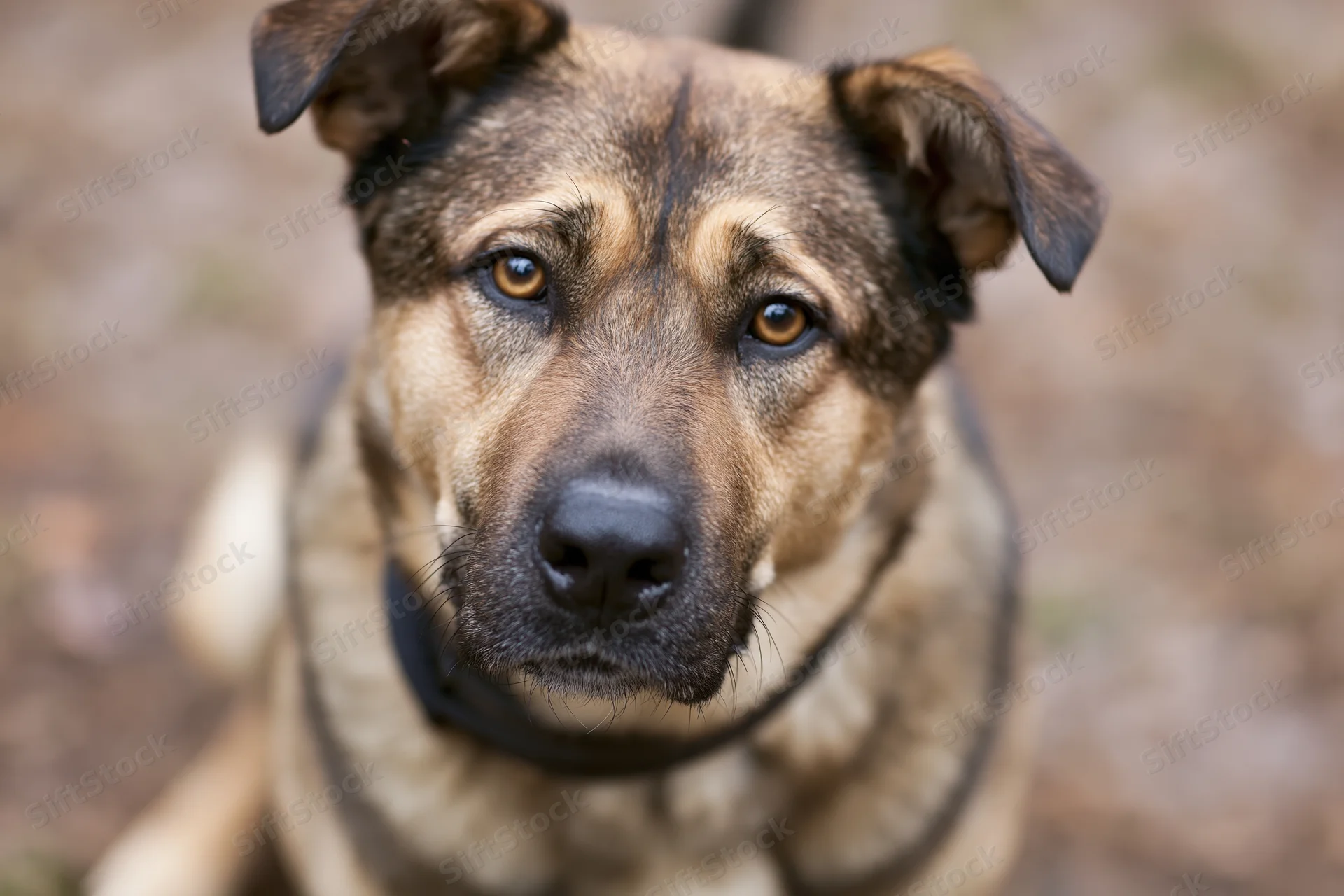 Mixedbreed dog with tan and dark brown fur looking directly at camera outdoors