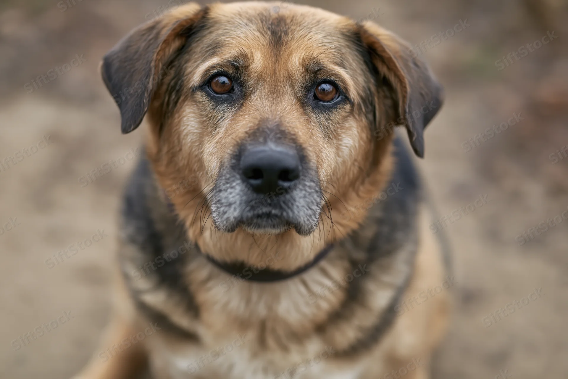 Mixed-breed dog looking directly at camera with tan and dark brown fur, outdoors on dirt ground