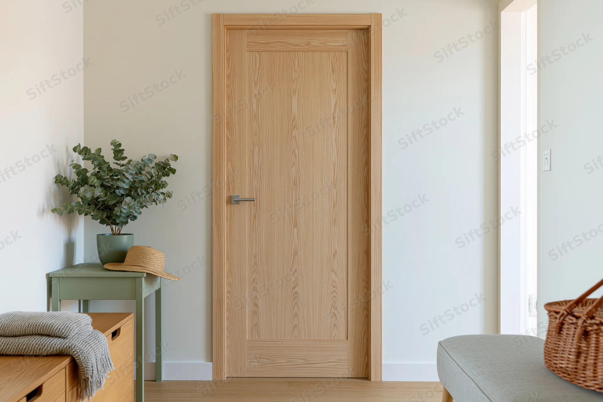 Light wood-grain door in minimalist hallway with small table holding plant and hat, bench with basket to the side