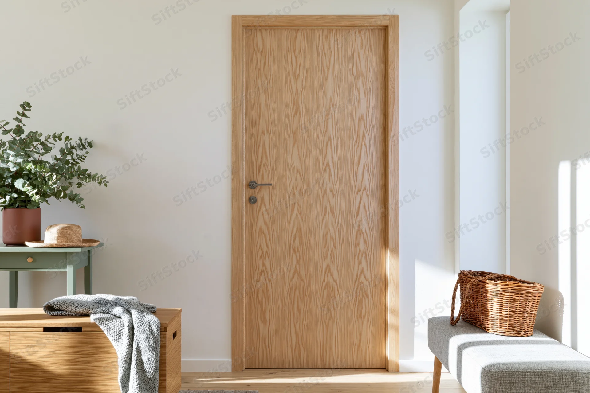 Light wood-grain door in minimalist hallway with bench, basket, plant and storage furniture
