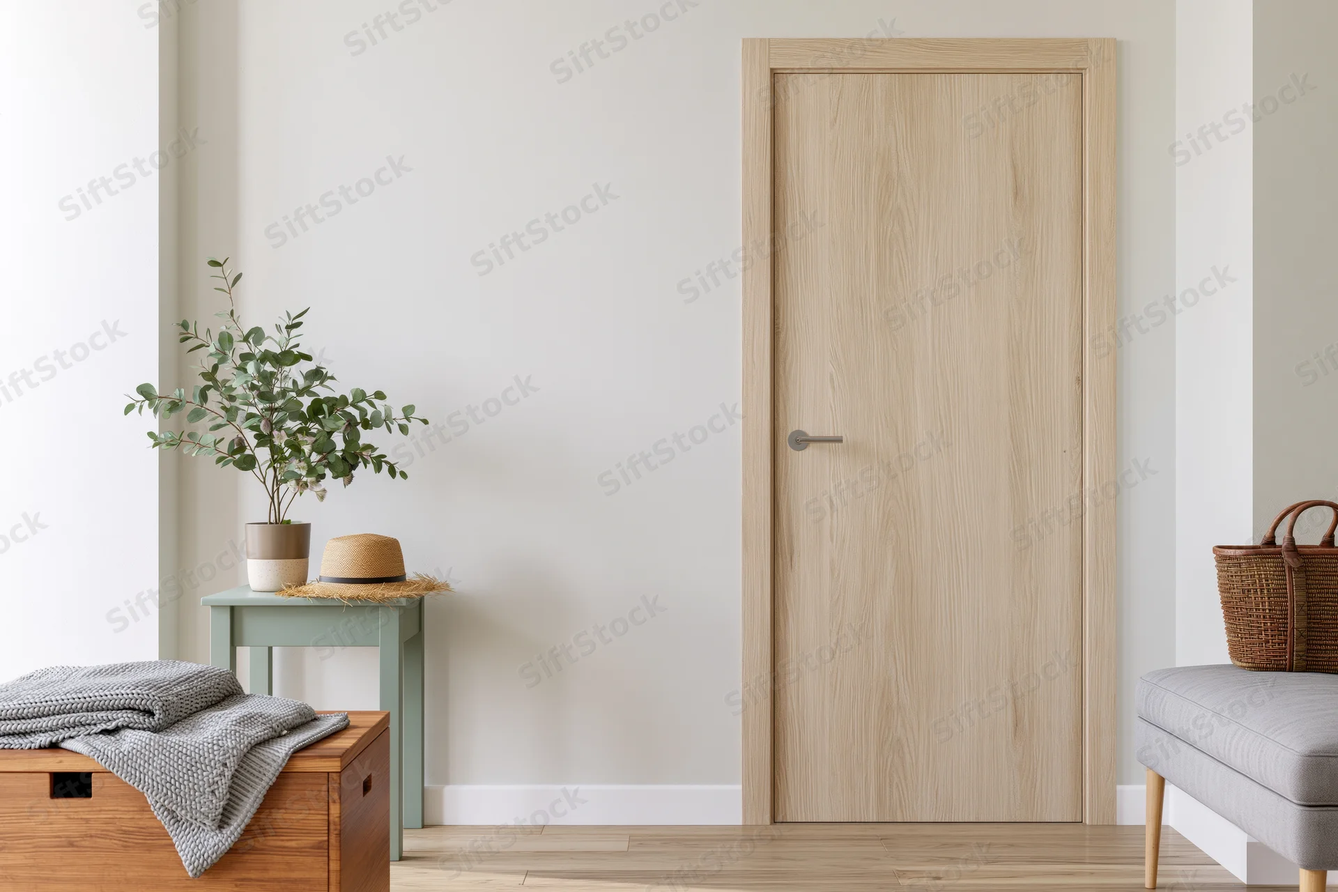 Minimalist hallway with light wood door and small furniture arrangement
