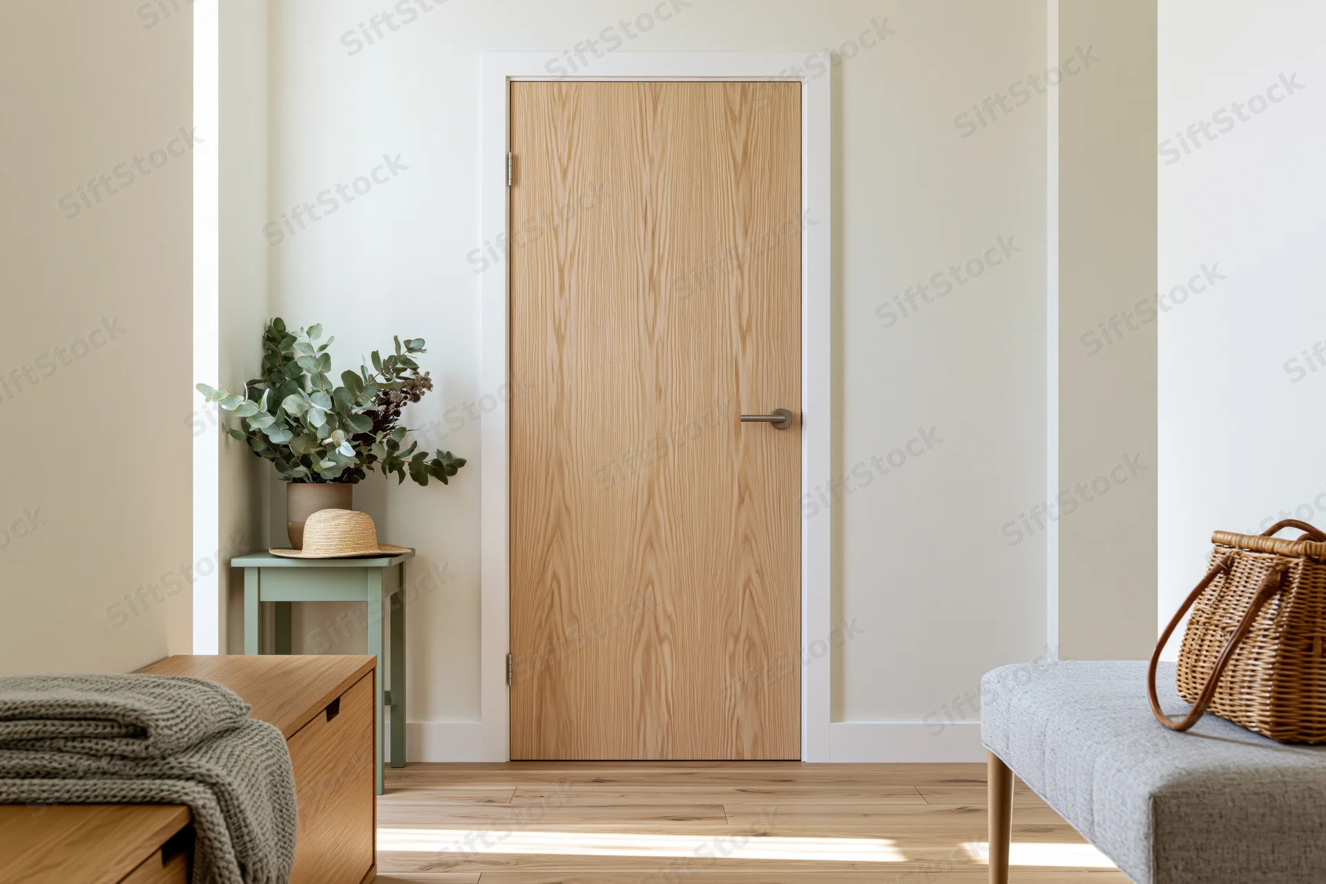 Minimalist hallway with light wood door and neutral decor featuring bench, basket, plant, and wooden flooring