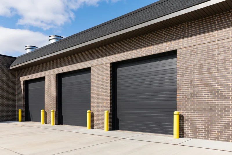 Modern brick commercial building with three dark garage doors and yellow bollards on concrete pavement
