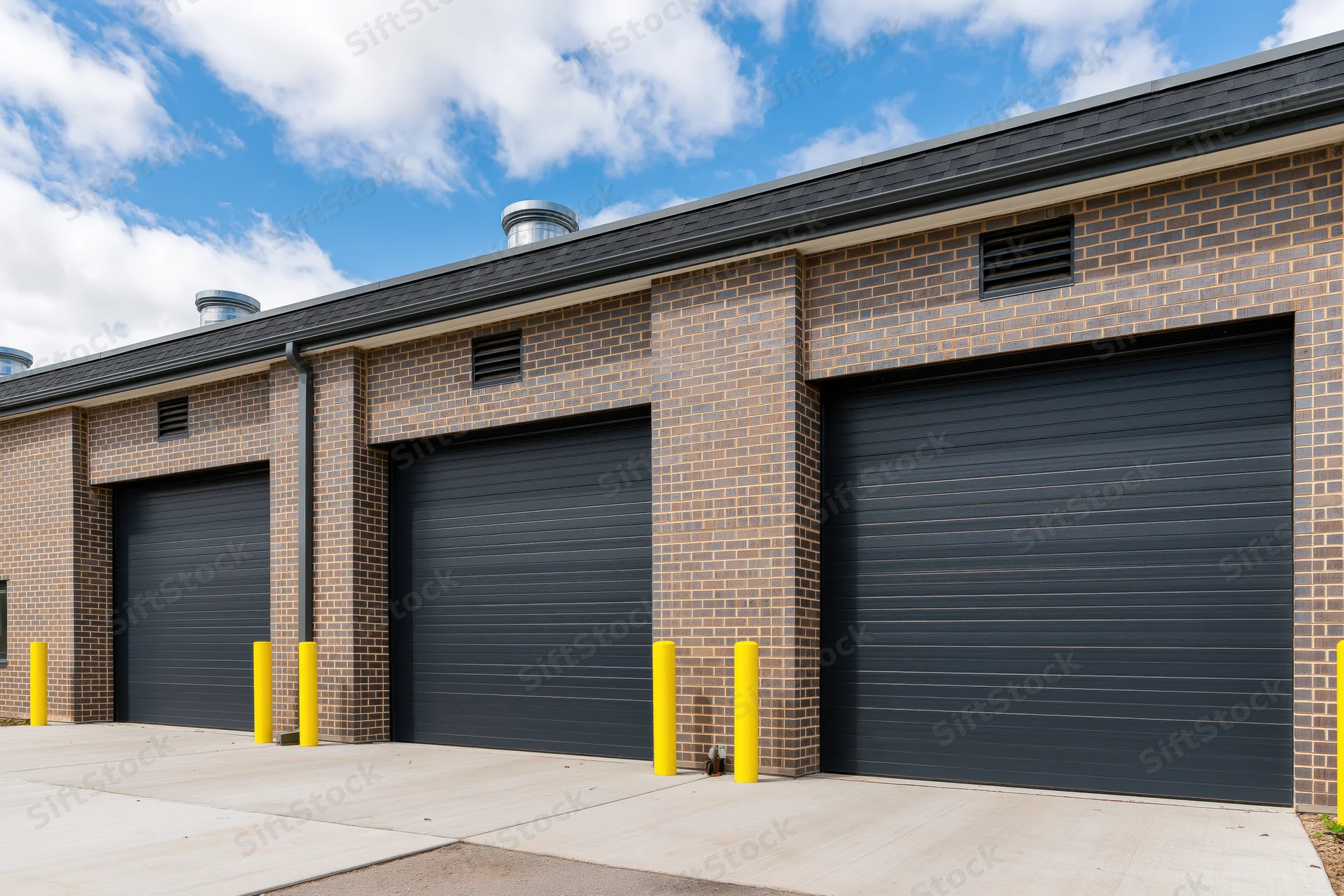 Modern brick commercial building with three dark garage doors and yellow bollards under a blue sky