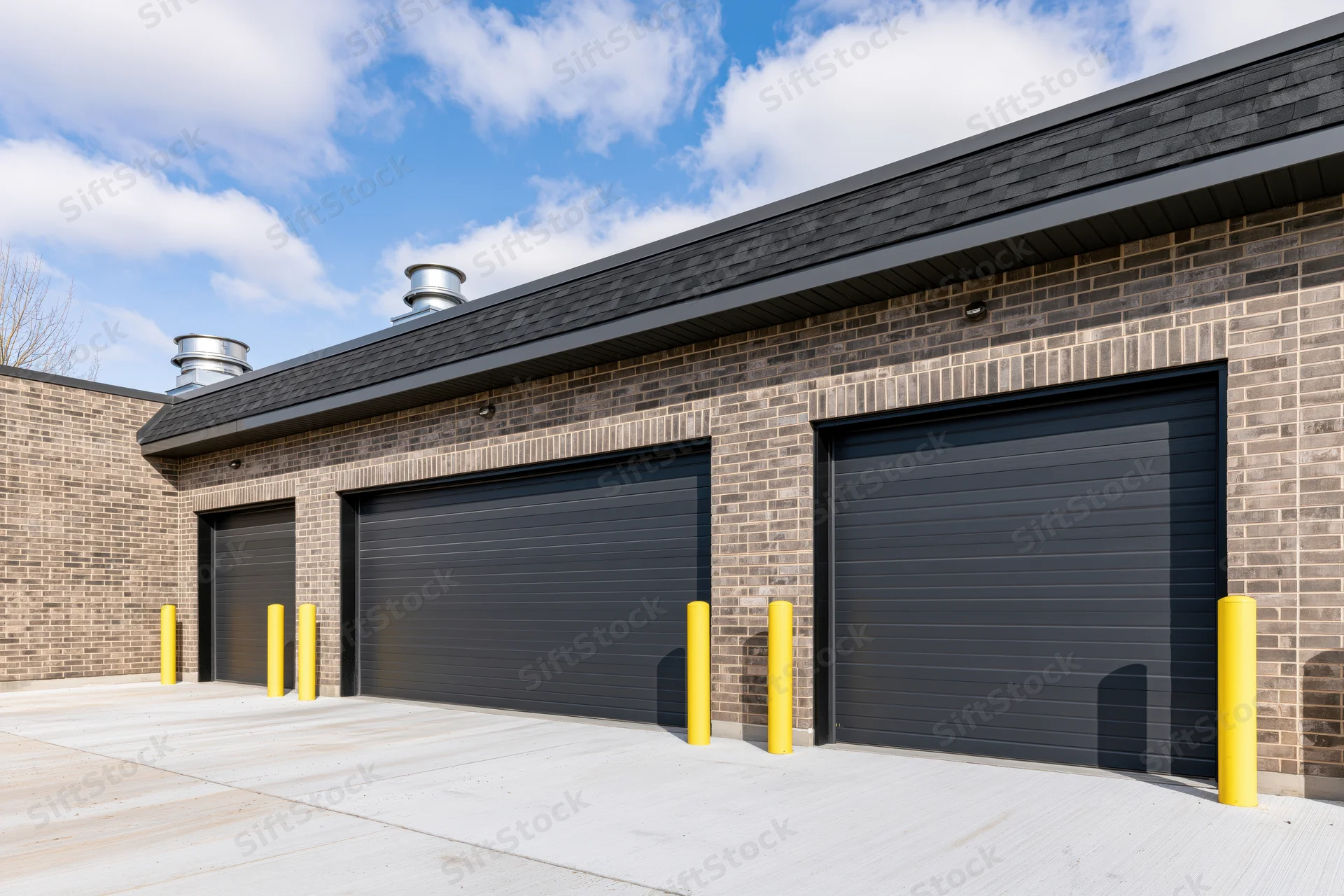 Modern brick commercial building with three dark garage doors and yellow bollards on a concrete driveway under a blue sky