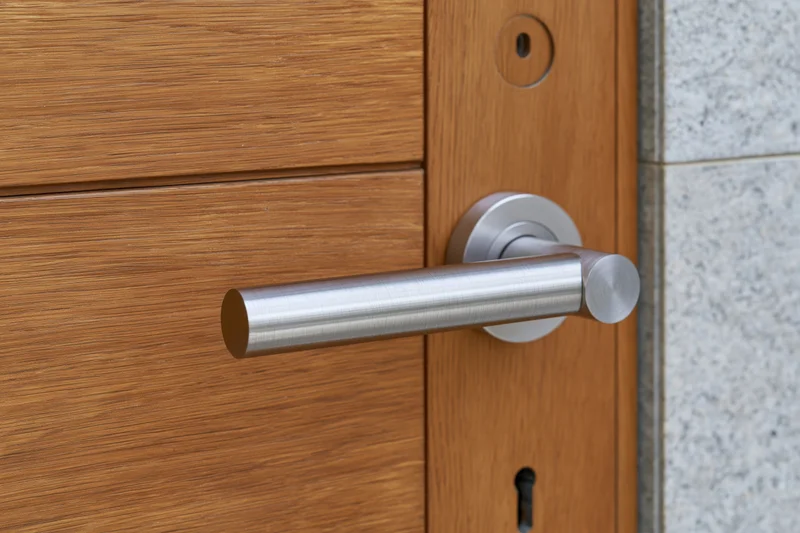 Modern brushed stainless steel lever door handle on a wooden door with keyhole and granite wall beside