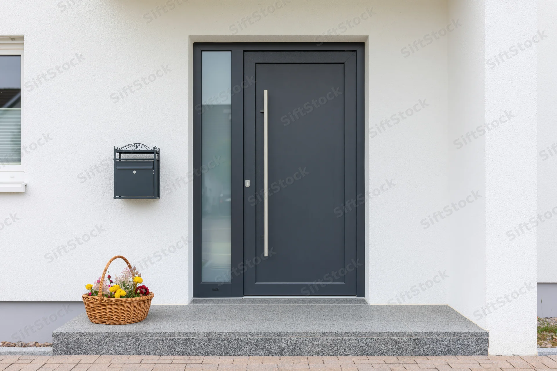 Modern dark grey front door with frosted glass side panel and vertical handle on a white house exterior with a wicker basket of flowers on the step