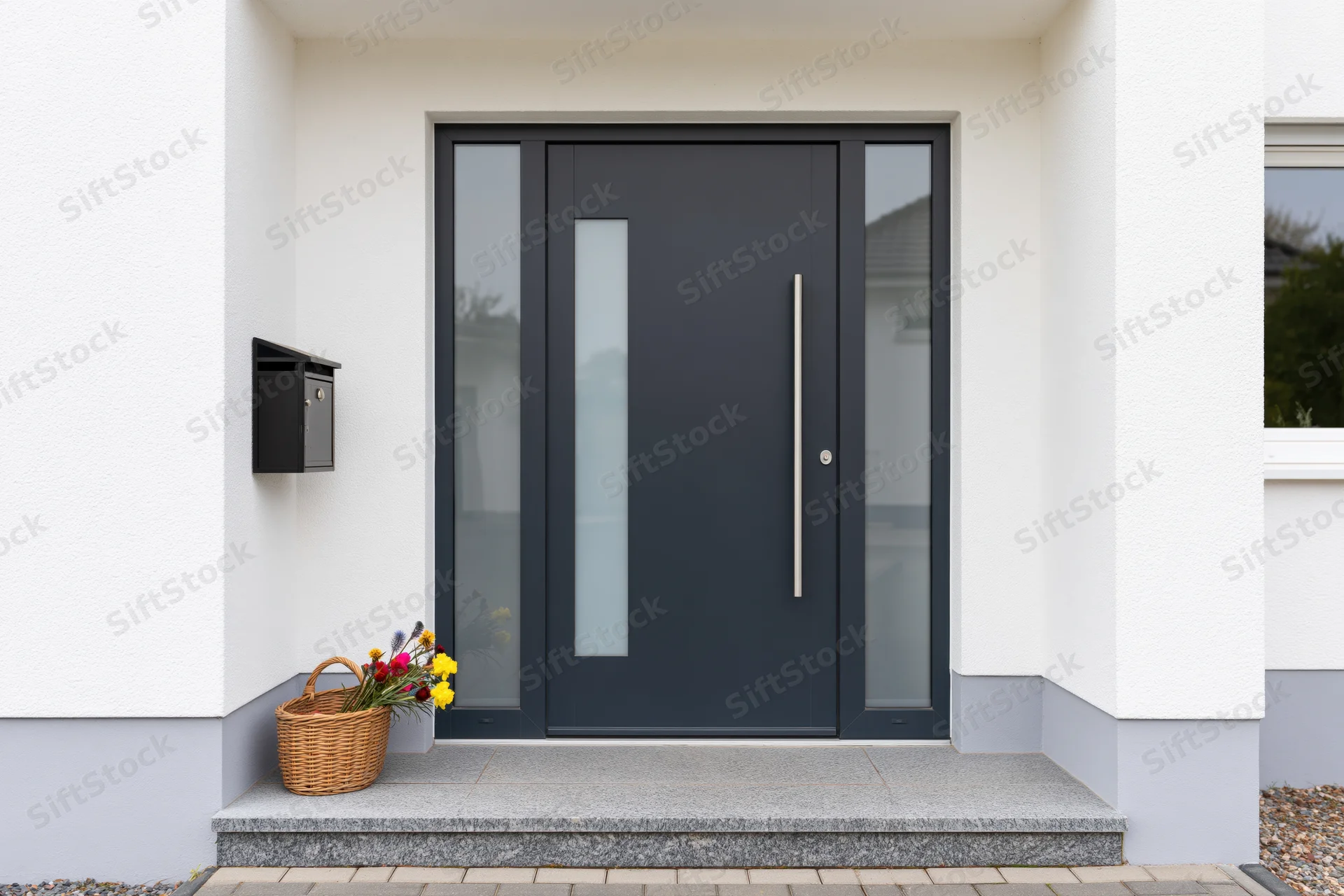Modern dark grey front door with frosted glass panels and black mailbox on a white house exterior
