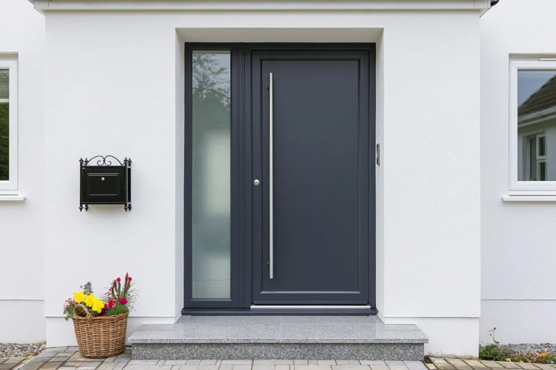 Modern dark grey front door with frosted glass side panel on white house exterior