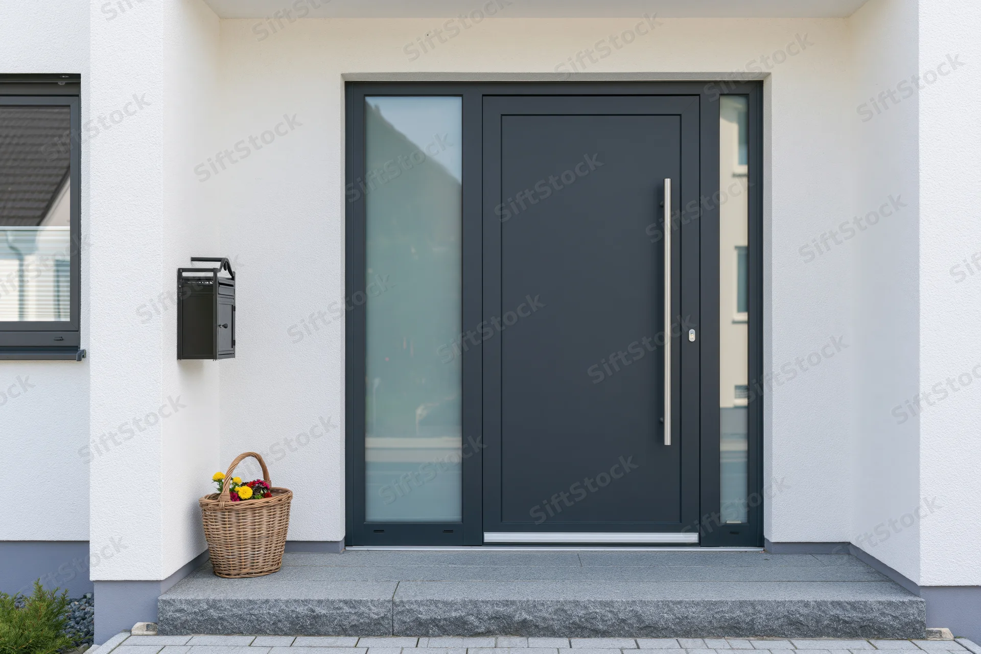 Modern dark grey front door with frosted glass side panels and vertical handle on a white house exterior