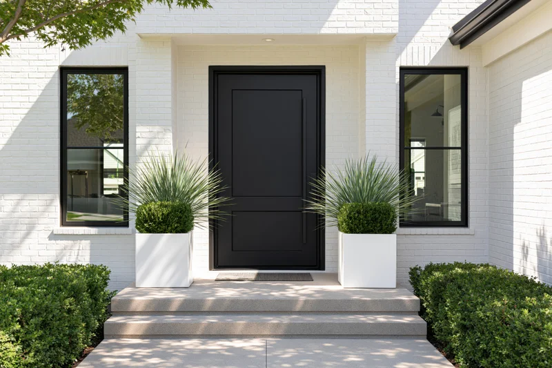 Modern home entrance with matte black pivot door flanked by white planters and greenery on a brick facade