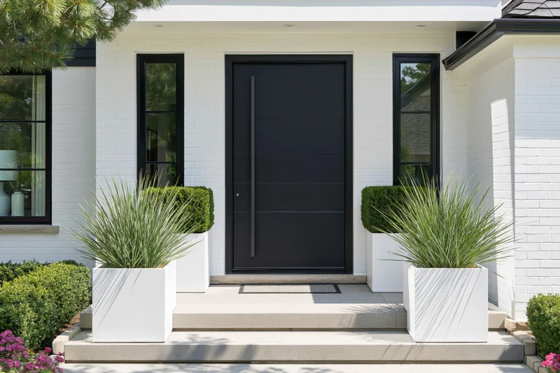 Modern home entrance with matte black pivot door flanked by white planters and greenery on a white brick facade