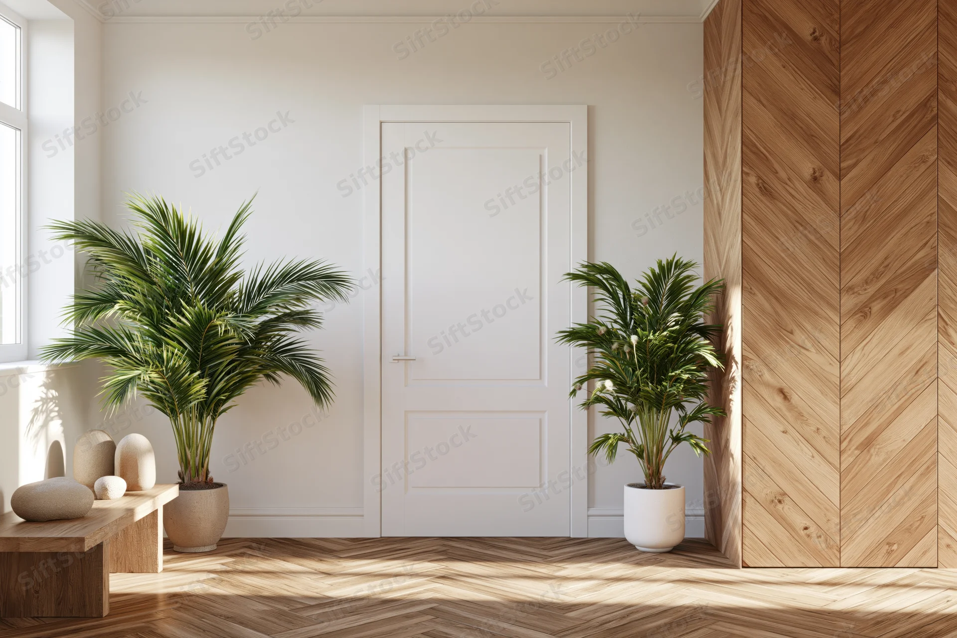 Modern home entryway with white paneled door and potted palm plants on wooden herringbone flooring