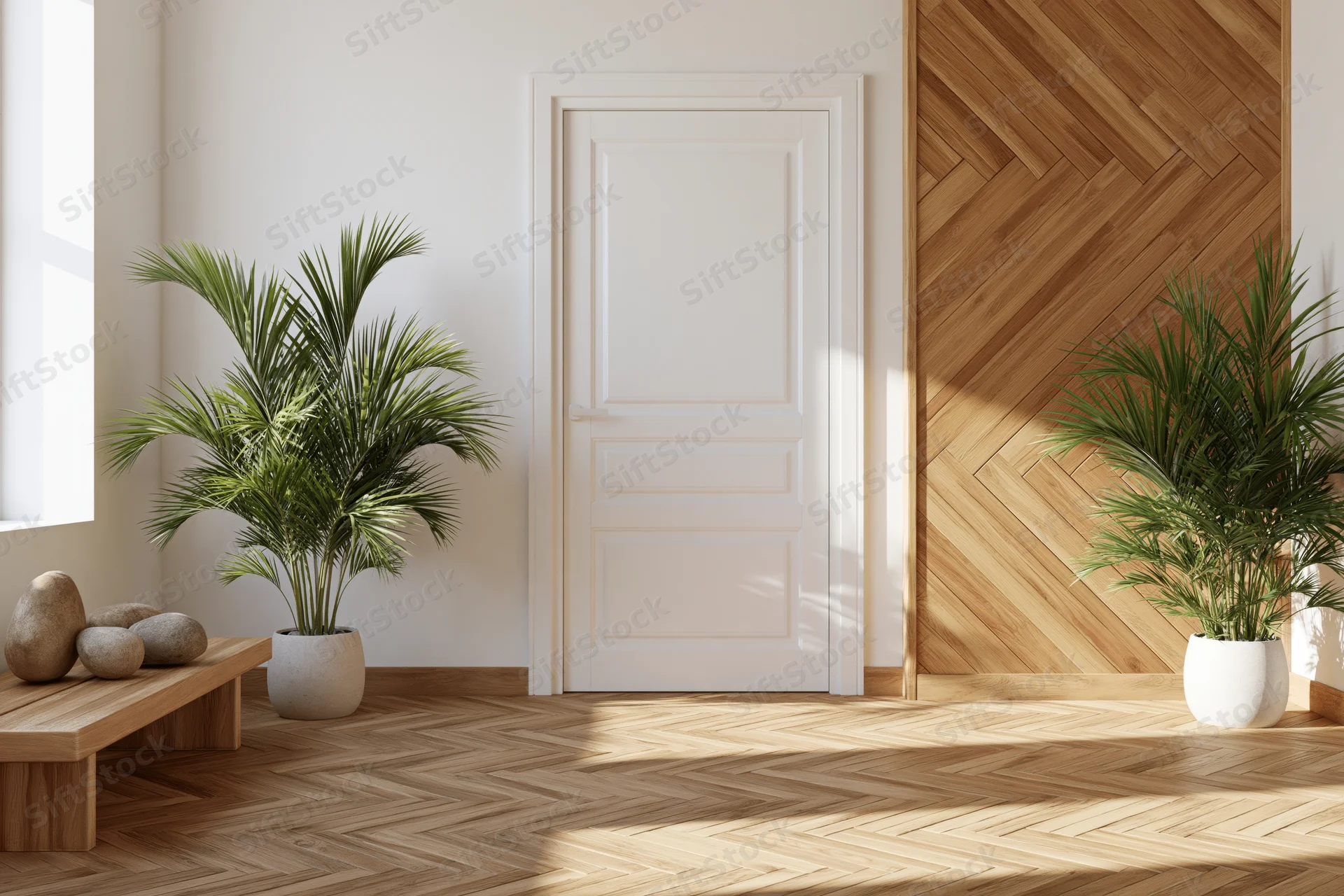 Modern home entryway with white paneled door and herringbone wood flooring flanked by potted palm plants and a wooden bench with stones near a window