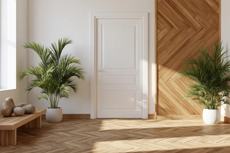 Modern home entryway with white paneled door and herringbone wood flooring flanked by potted palm plants and a wooden bench with stones near a window