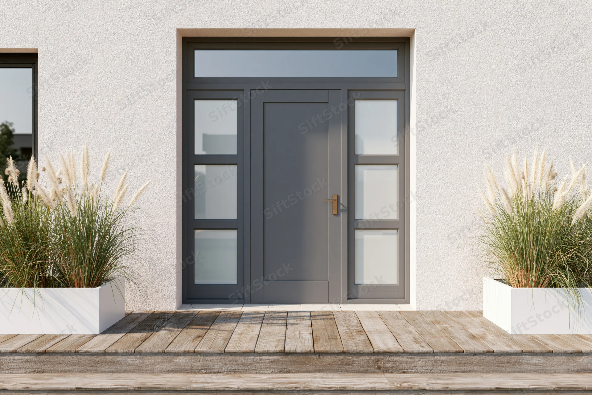 Modern home front entrance with charcoal grey door and white planters on wooden deck