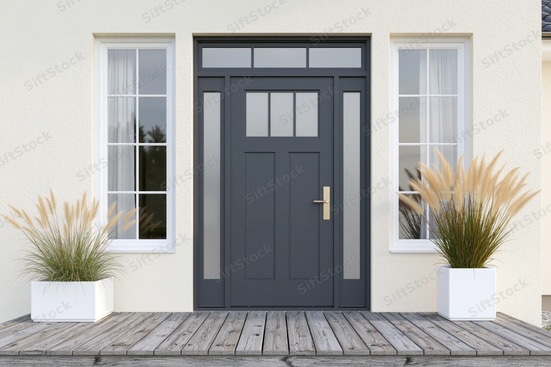 Modern home front entrance with charcoal gray door and white planters on wooden deck