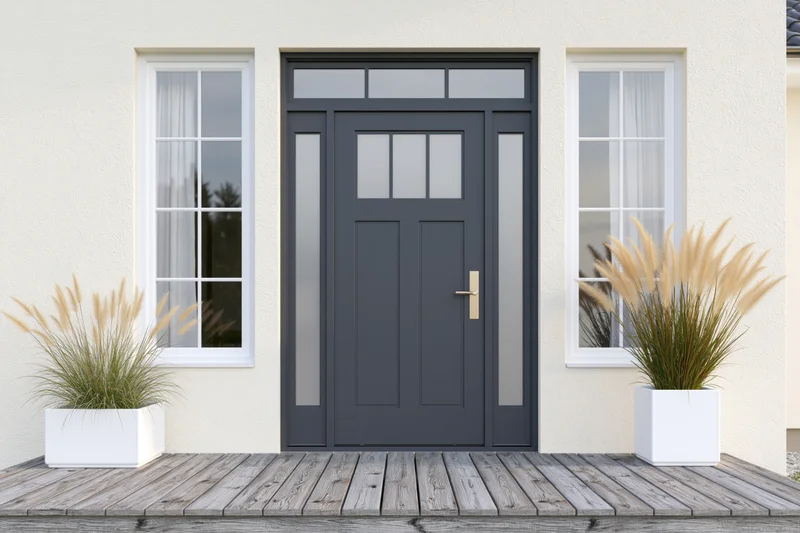Modern home front entrance with charcoal gray door and white planters on wooden deck