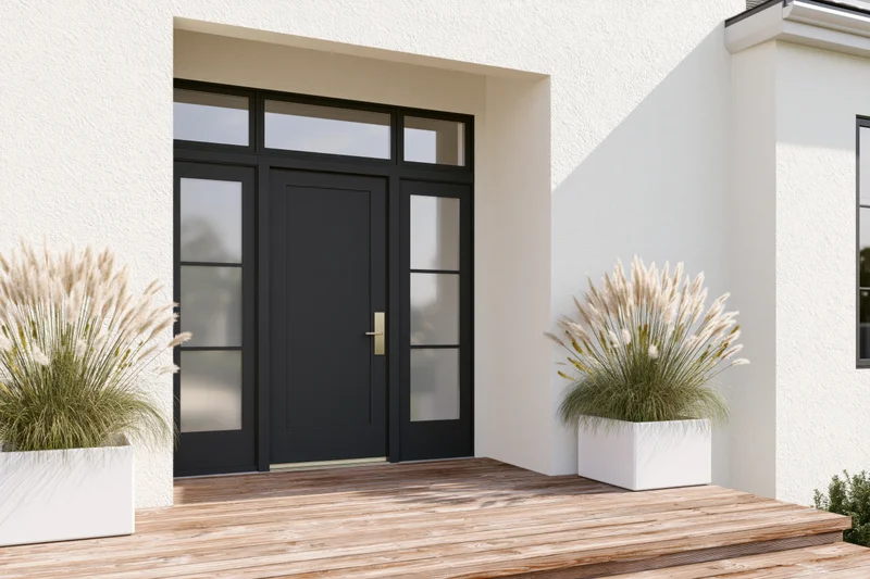 Modern home entrance with charcoal grey door and white planters on wooden porch