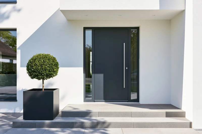 Modern residential entrance with charcoal pivot front door and minimalist landscaping