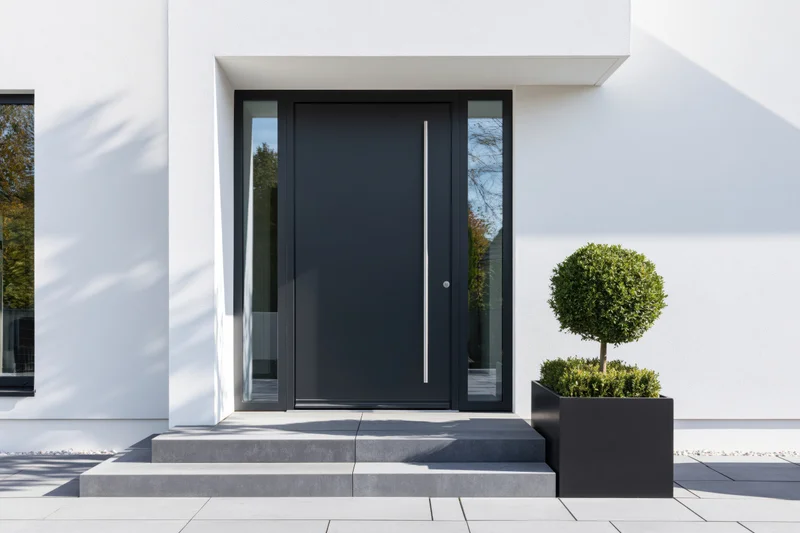 Modern residential entrance with dark charcoal pivot front door and minimalist landscaping