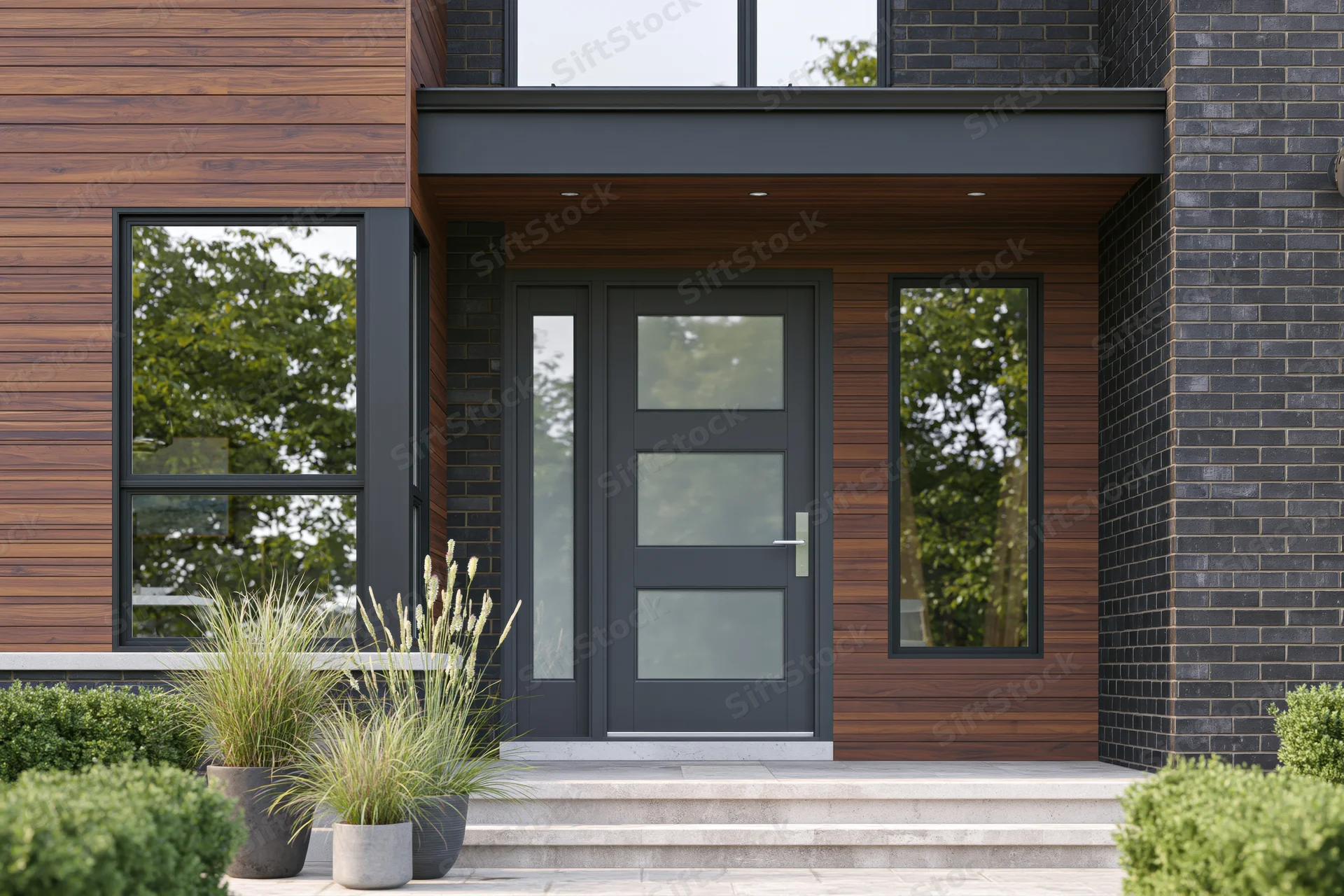 Modern house front entrance with charcoal grey door and wood-brick facade