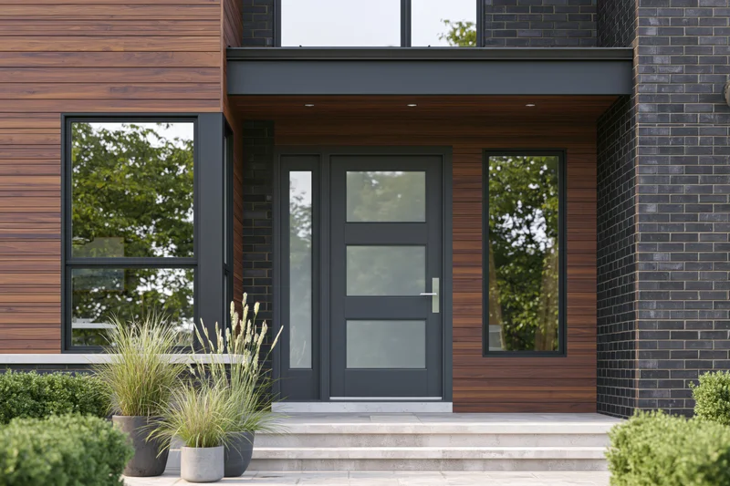 Modern house front entrance with charcoal grey door and wood-brick facade