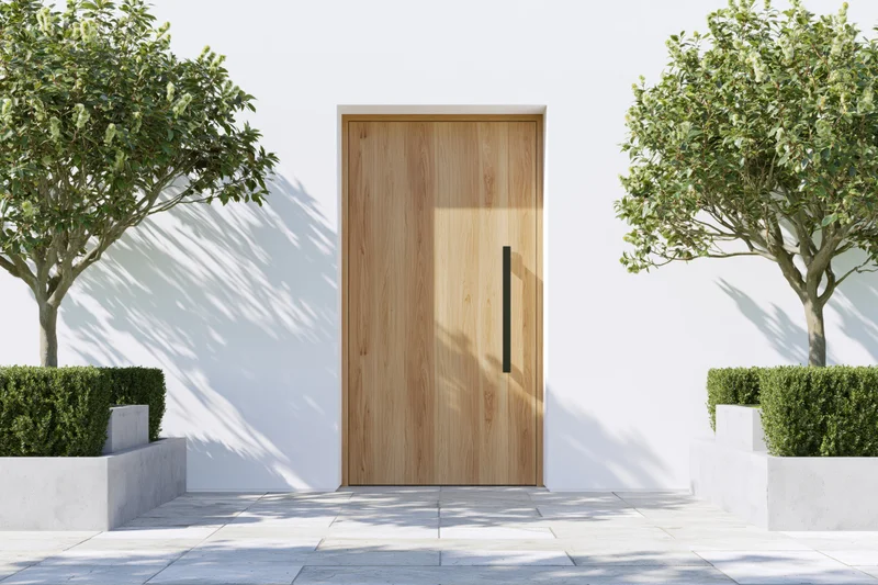 Modern wooden front door with flush design flanked by trees and shrubs in white planters against a white wall