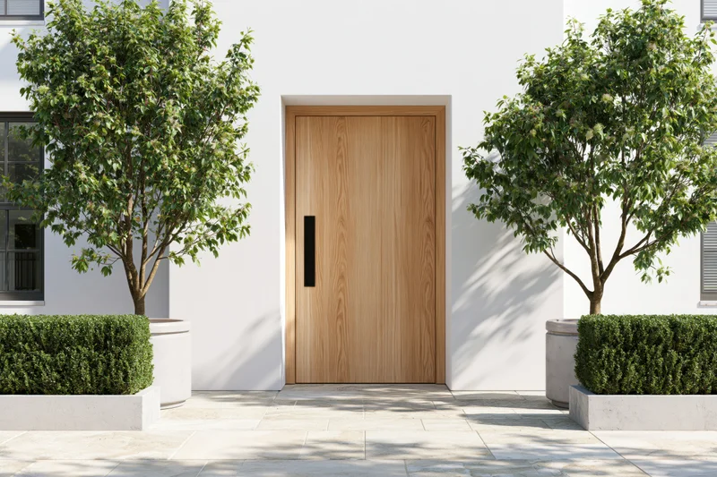 Modern residential front entrance with light wood flush door flanked by trees and shrubs in planters on a paved walkway